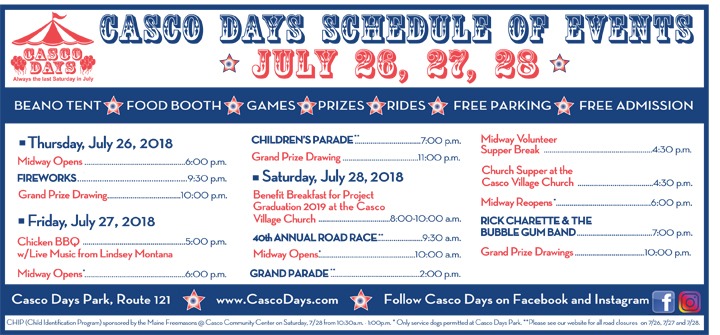 2018 Casco Days Schedule of Events